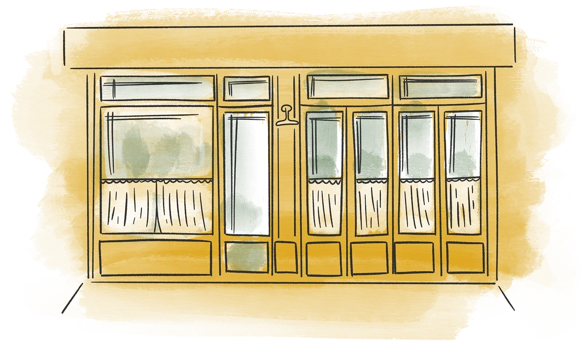 Illustration à l'aquarelle de la devanture de L'Arcade : façade jaune moutarde, grandes portes vitrées et rideaux bistrot en dentelle.